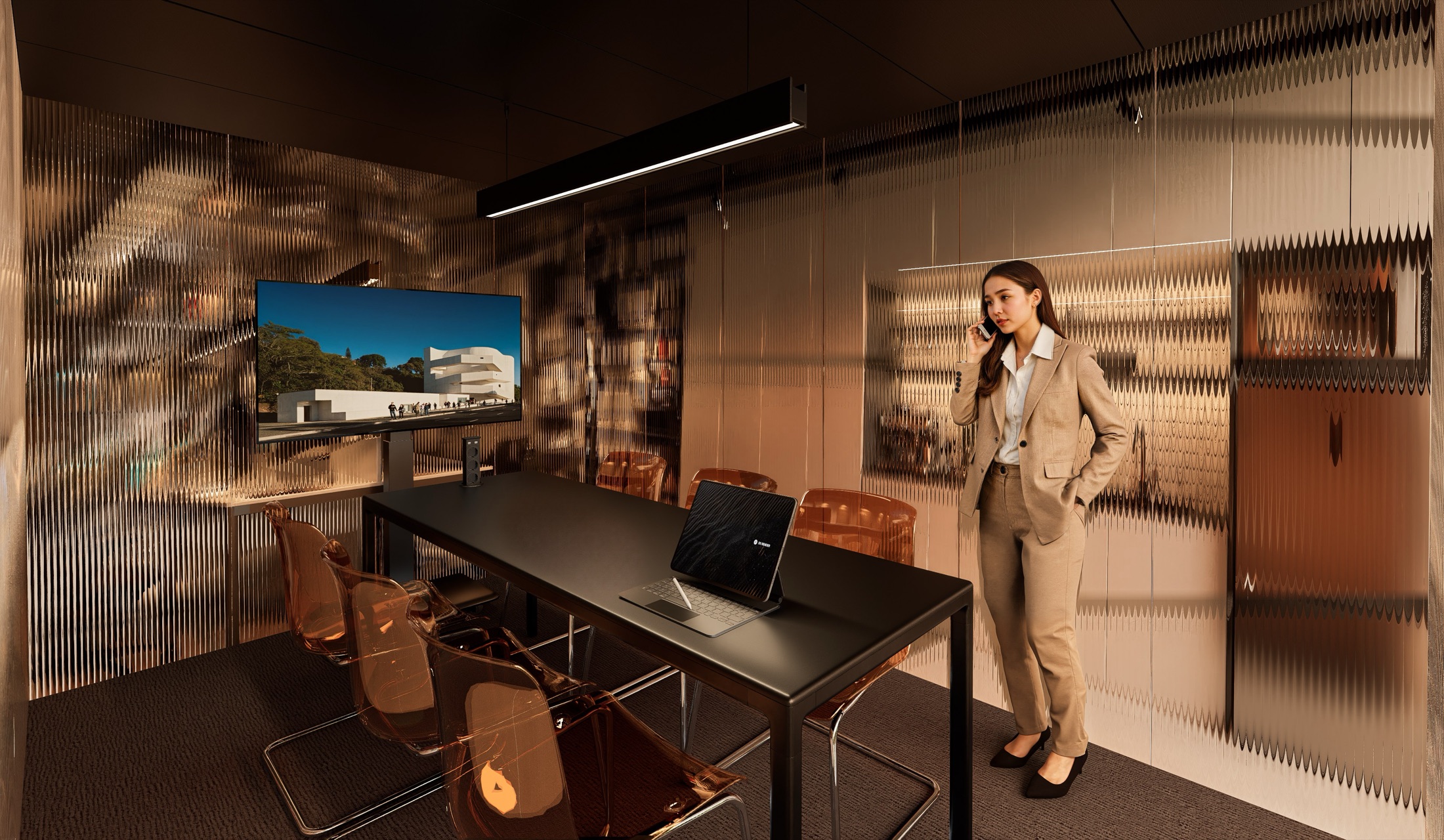 Phòng họp với ghế da trước vách lam, Sukha Office