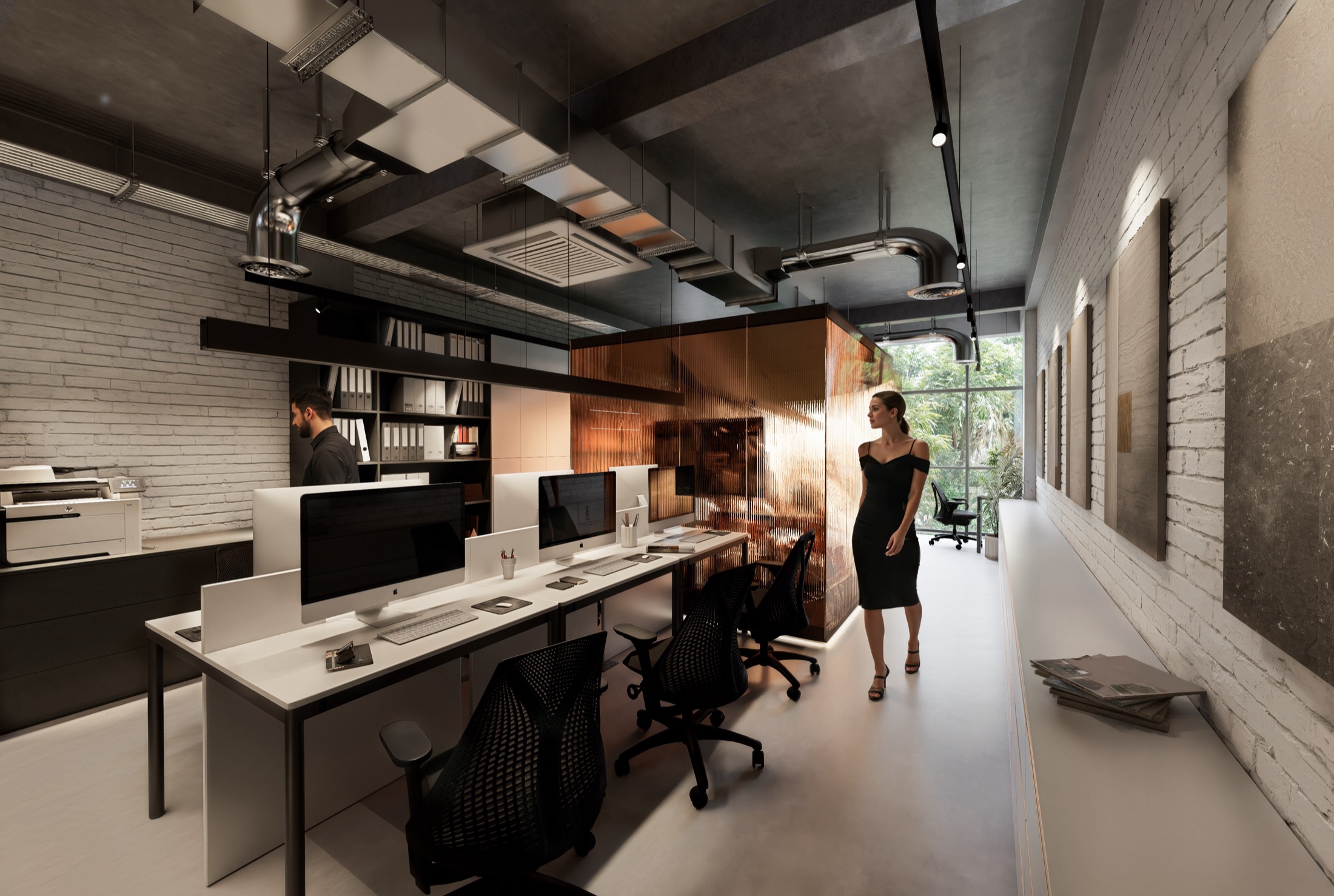 Sàn làm việc giữa tường gạch và khối gỗ, Sukha Office