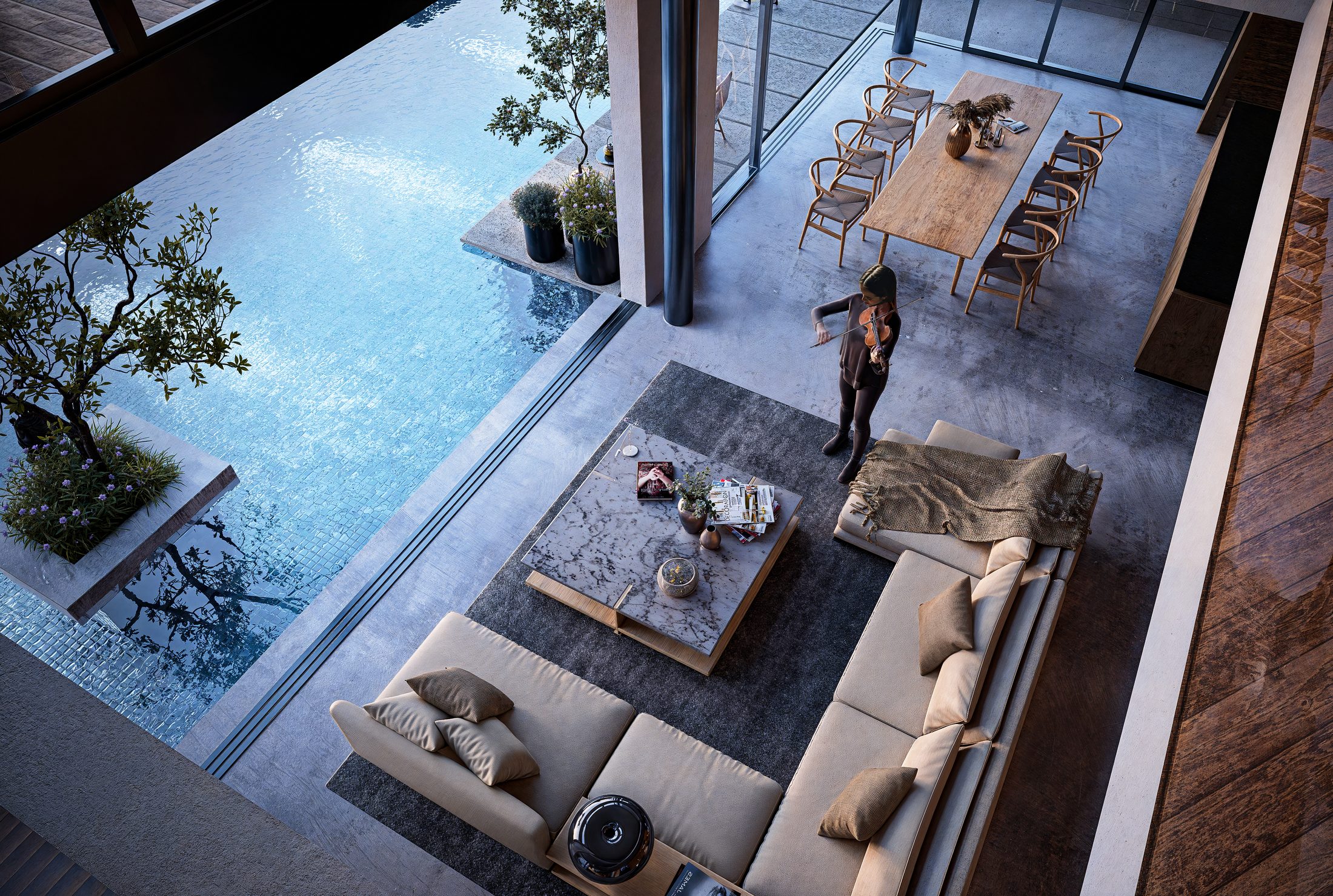 Hiên sinh hoạt và bàn ăn bên hồ bơi sân trong, nhìn từ trên cao, K House